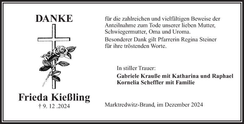  Traueranzeige für Frieda Kießling vom 31.12.2024 aus Frankenpost