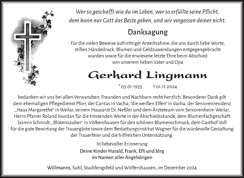  Traueranzeige für Gerhard Lingmann vom 07.12.2024 aus Südthüringer Presse