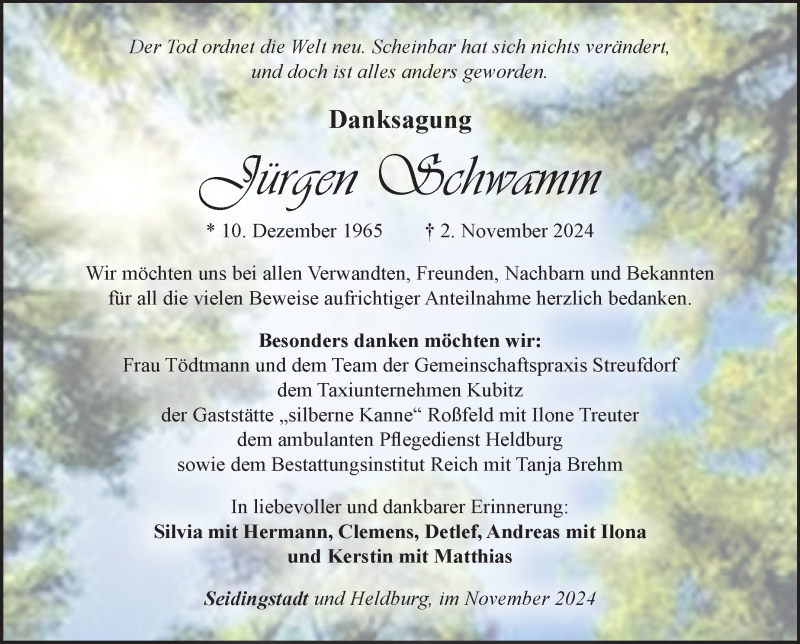  Traueranzeige für Jürgen Schwamm vom 07.12.2024 aus Südthüringer Presse