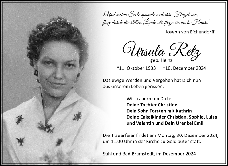  Traueranzeige für Ursula Retz vom 21.12.2024 aus Südthüringer Presse