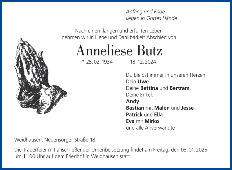  Traueranzeige für Anneliese Butz vom 28.12.2024 aus Neue Presse Coburg