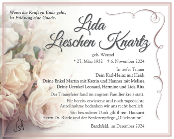 Traueranzeige von Lida Knartz von Südthüringer Presse