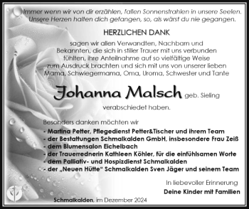Traueranzeige von Johanna Malsch von Südthüringer Presse