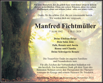 Traueranzeige von Manfred Fichtmüller von Südthüringer Presse