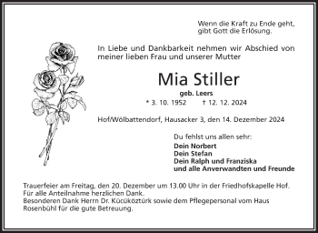 Traueranzeige von Mia Stiller von Frankenpost