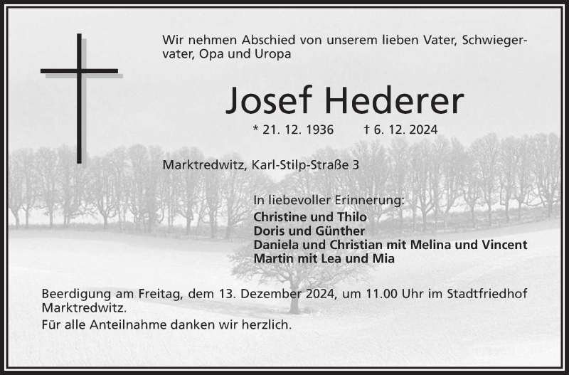  Traueranzeige für Josef Hederer vom 11.12.2024 aus Frankenpost