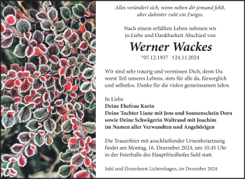 Traueranzeige von Werner Wackes von Südthüringer Presse