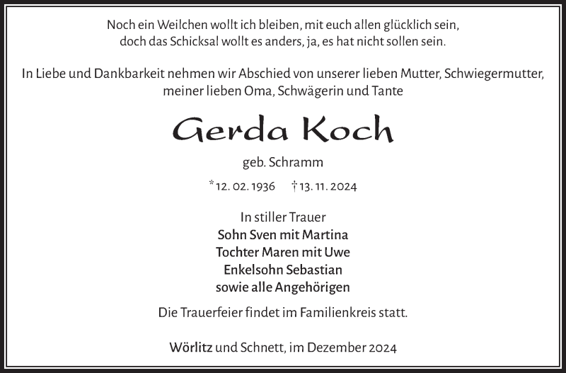  Traueranzeige für Gerda Koch vom 14.12.2024 aus Südthüringer Presse