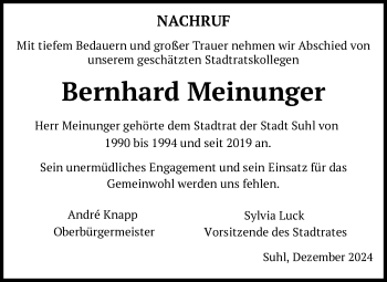 Traueranzeige von Bernhard Meinunger von Südthüringer Presse