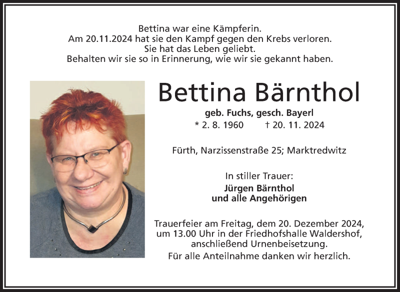  Traueranzeige für Bettina Bärnthol vom 14.12.2024 aus Frankenpost