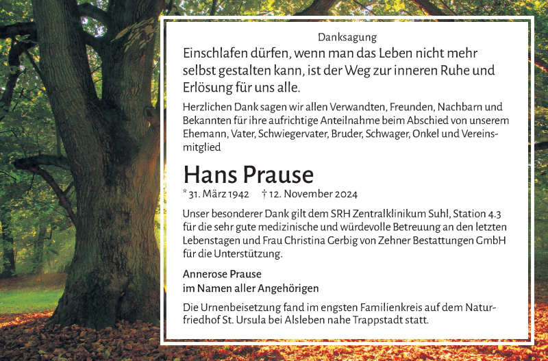  Traueranzeige für Hans Prause vom 14.12.2024 aus Südthüringer Presse