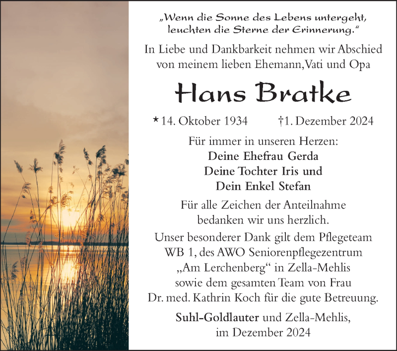  Traueranzeige für Hans Bratke vom 07.12.2024 aus Südthüringer Presse