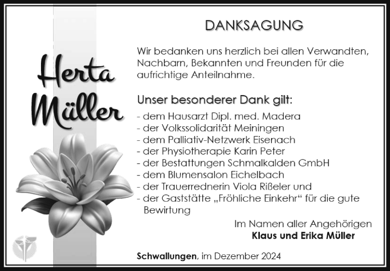  Traueranzeige für Herta Müller vom 06.12.2024 aus Südthüringer Presse