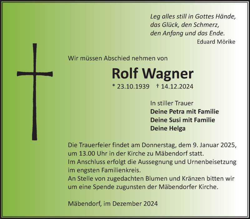  Traueranzeige für Rolf Wagner vom 28.12.2024 aus Südthüringer Presse