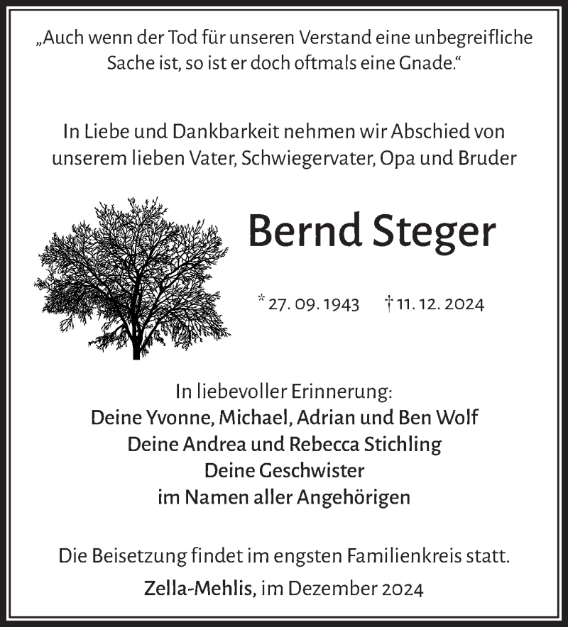  Traueranzeige für Bernd Steger vom 21.12.2024 aus Südthüringer Presse