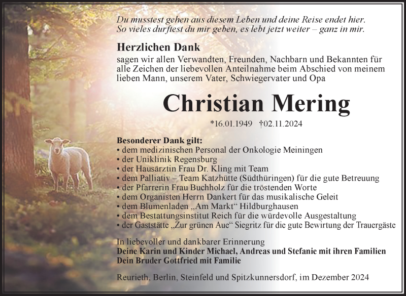  Traueranzeige für Christian Mehring vom 14.12.2024 aus Südthüringer Presse