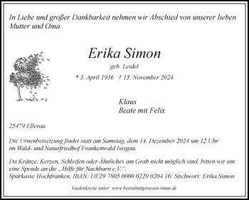 Traueranzeige von Erika Simon von Frankenpost