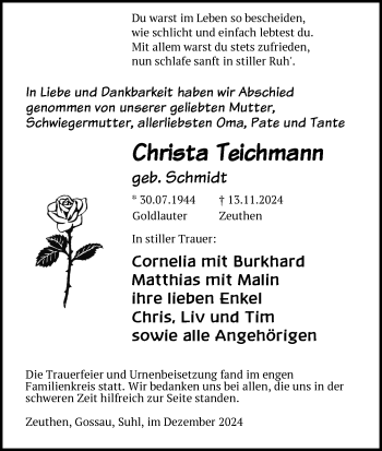 Traueranzeige von Christa Teichmann von Südthüringer Presse