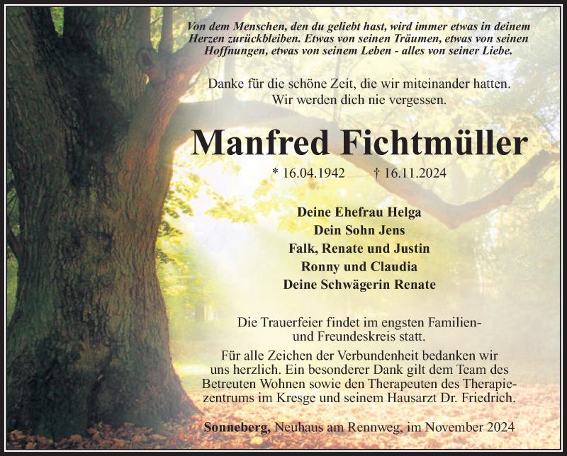  Traueranzeige für Manfred Fichtmüller vom 07.12.2024 aus Südthüringer Presse