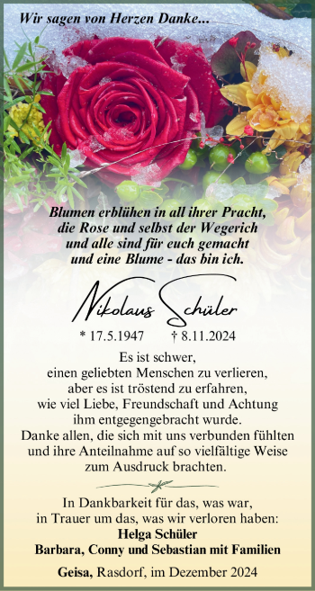 Traueranzeige von Nikolaus Schüler von Südthüringer Presse