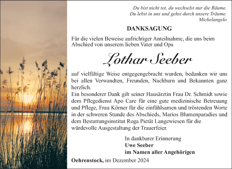  Traueranzeige für Lothar Seeber vom 13.12.2024 aus Südthüringer Presse