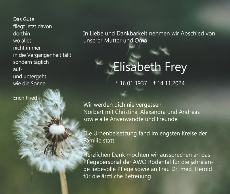  Traueranzeige für Elisabeth Frey vom 14.12.2024 aus Neue Presse Coburg