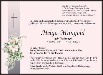 Traueranzeige von Helga Mangold von Südthüringer Presse
