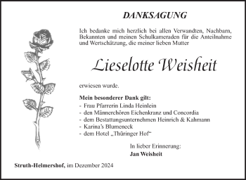 Traueranzeige von Lieselotte Weisheit von Südthüringer Presse