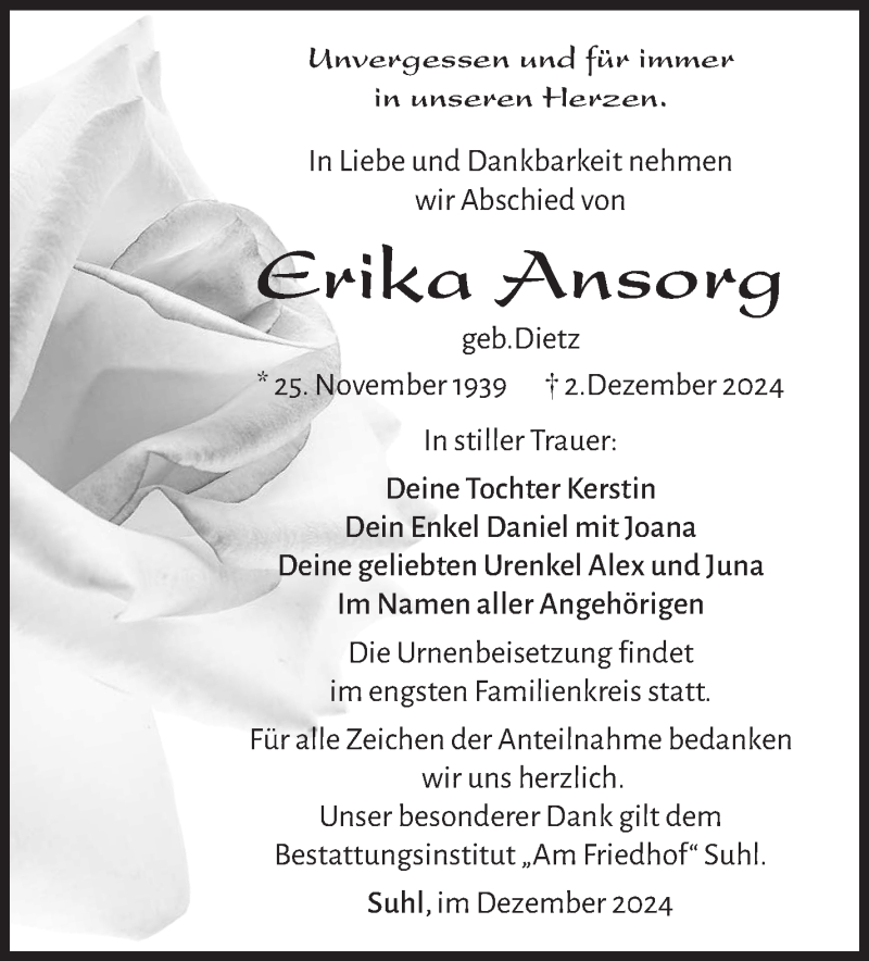  Traueranzeige für Erika Ansorg vom 14.12.2024 aus Südthüringer Presse