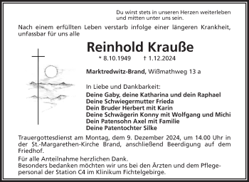 Traueranzeige von Krauße Reinhold von Frankenpost
