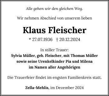 Traueranzeige von Klaus Fleischer von Südthüringer Presse