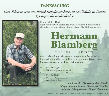 Traueranzeige von Hermann Blamberg von Südthüringer Presse