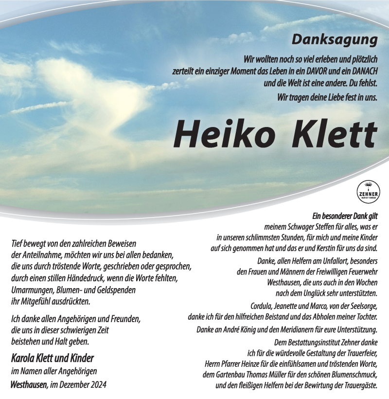  Traueranzeige für Heiko Klett vom 21.12.2024 aus Südthüringer Presse