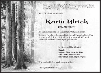 Traueranzeige von Karin Ulrich von Südthüringer Presse