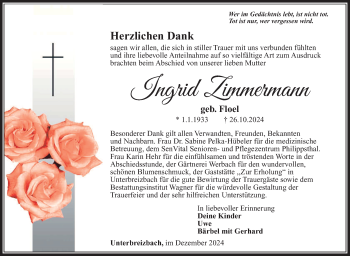 Traueranzeige von Ingrid Zimmermann von Südthüringer Presse