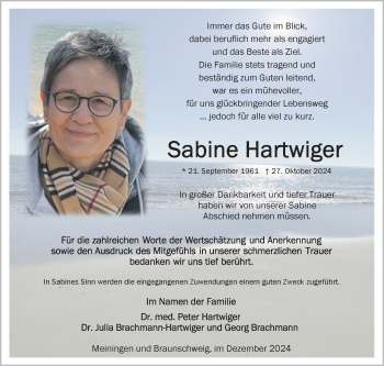 Traueranzeige von Sabine Hartwiger von Südthüringer Presse