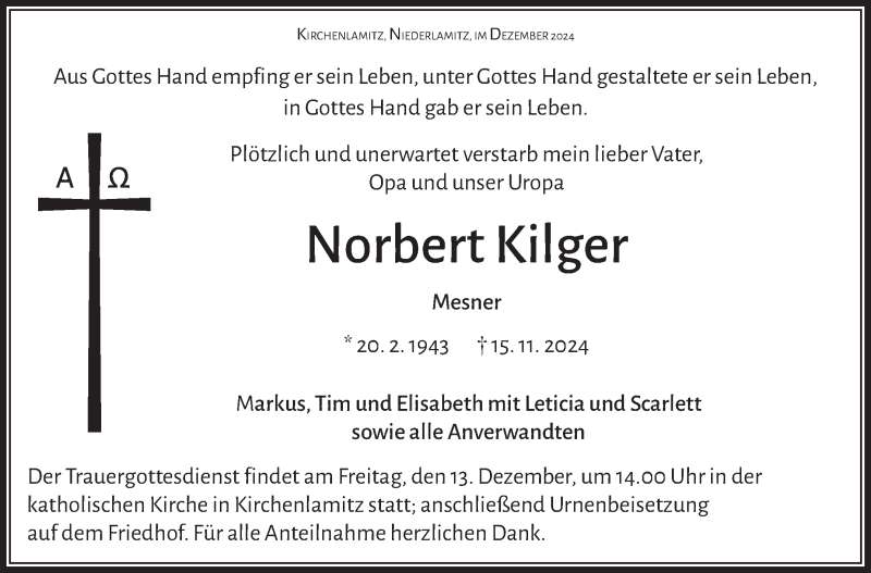  Traueranzeige für Norbert Kilger vom 11.12.2024 aus Frankenpost