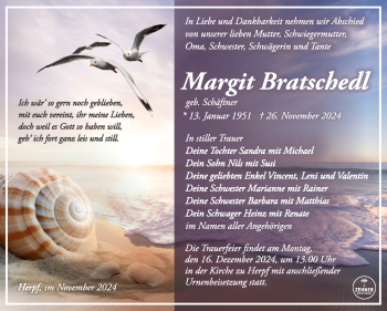 Traueranzeige von Margit Bratschedl von Südthüringer Presse