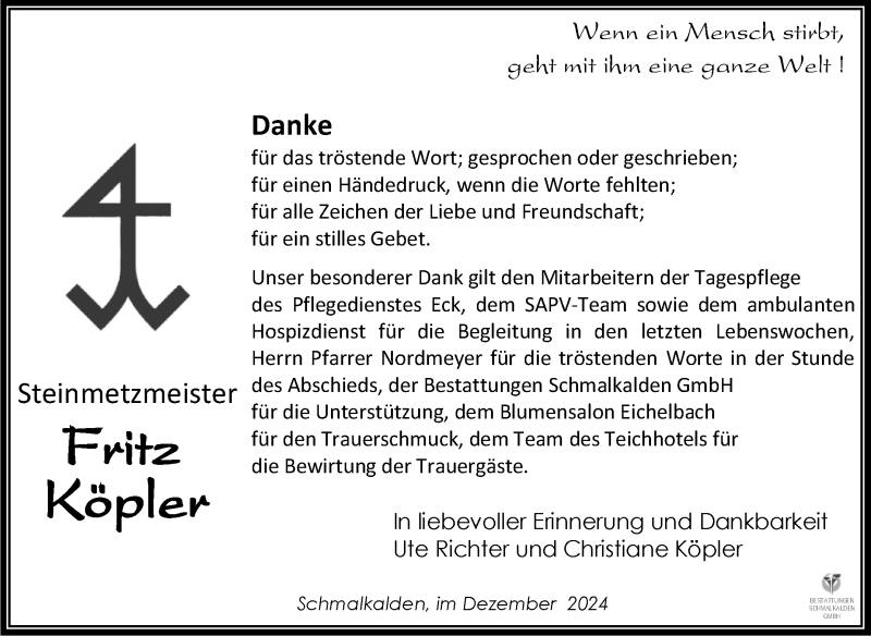  Traueranzeige für Fritz Köpler vom 14.12.2024 aus Südthüringer Presse