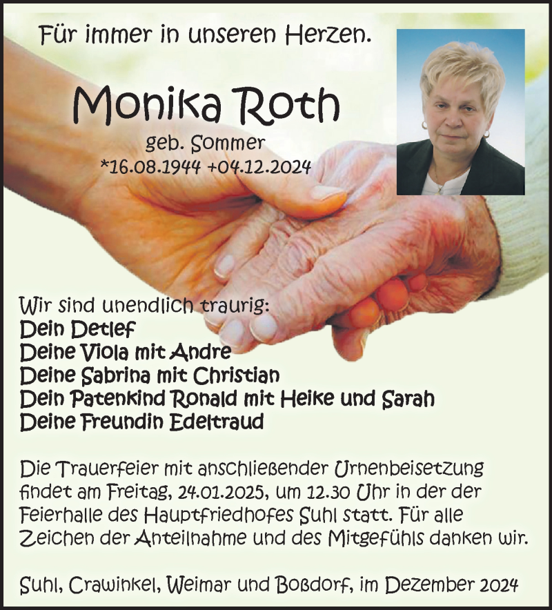  Traueranzeige für Monika Roth vom 21.12.2024 aus Südthüringer Presse