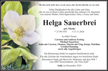 Traueranzeige von Helga Sauerbrei von Südthüringer Presse