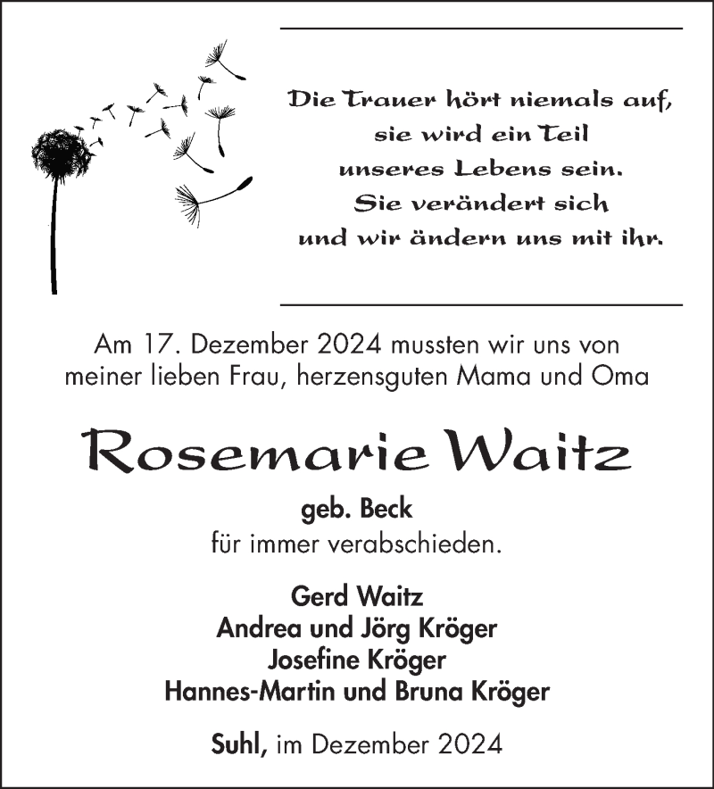  Traueranzeige für Rosemarie Waitz vom 28.12.2024 aus Südthüringer Presse
