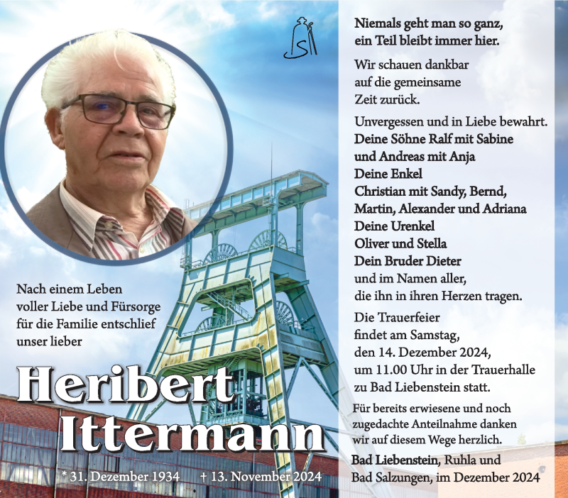  Traueranzeige für Heribert Ittermann vom 07.12.2024 aus Südthüringer Presse
