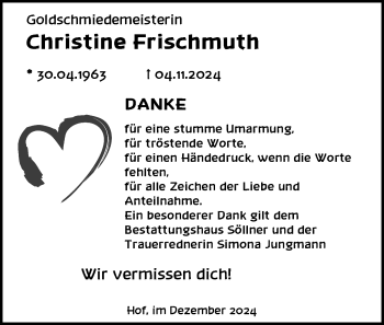 Traueranzeige von Christine Frischmuth von Frankenpost