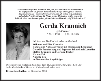 Traueranzeige von Gerda Krannich von Südthüringer Presse
