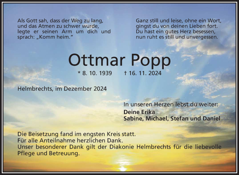 Traueranzeige für Ottmar Popp vom 14.12.2024 aus Frankenpost