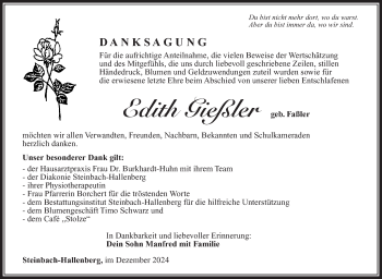 Traueranzeige von Edith Gießler von Südthüringer Presse