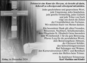 Traueranzeige von Genoveva Matthias von Südthüringer Presse