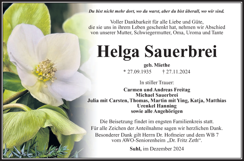  Traueranzeige für Helga Sauerbrei vom 07.12.2024 aus Südthüringer Presse