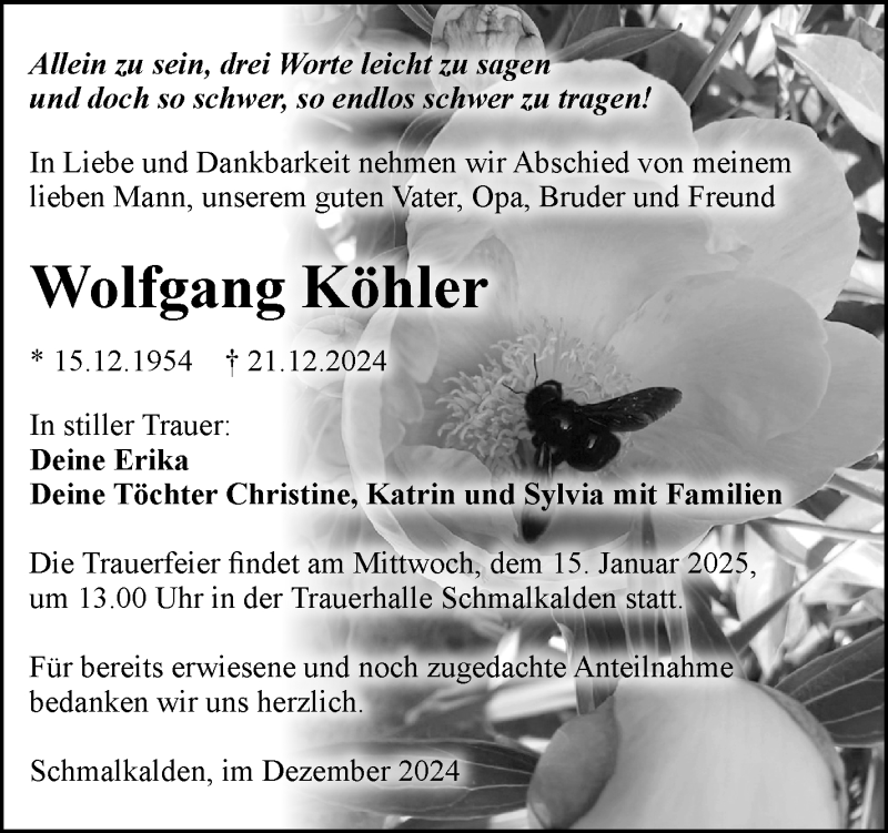  Traueranzeige für Wolfgang Köhler vom 28.12.2024 aus Südthüringer Presse
